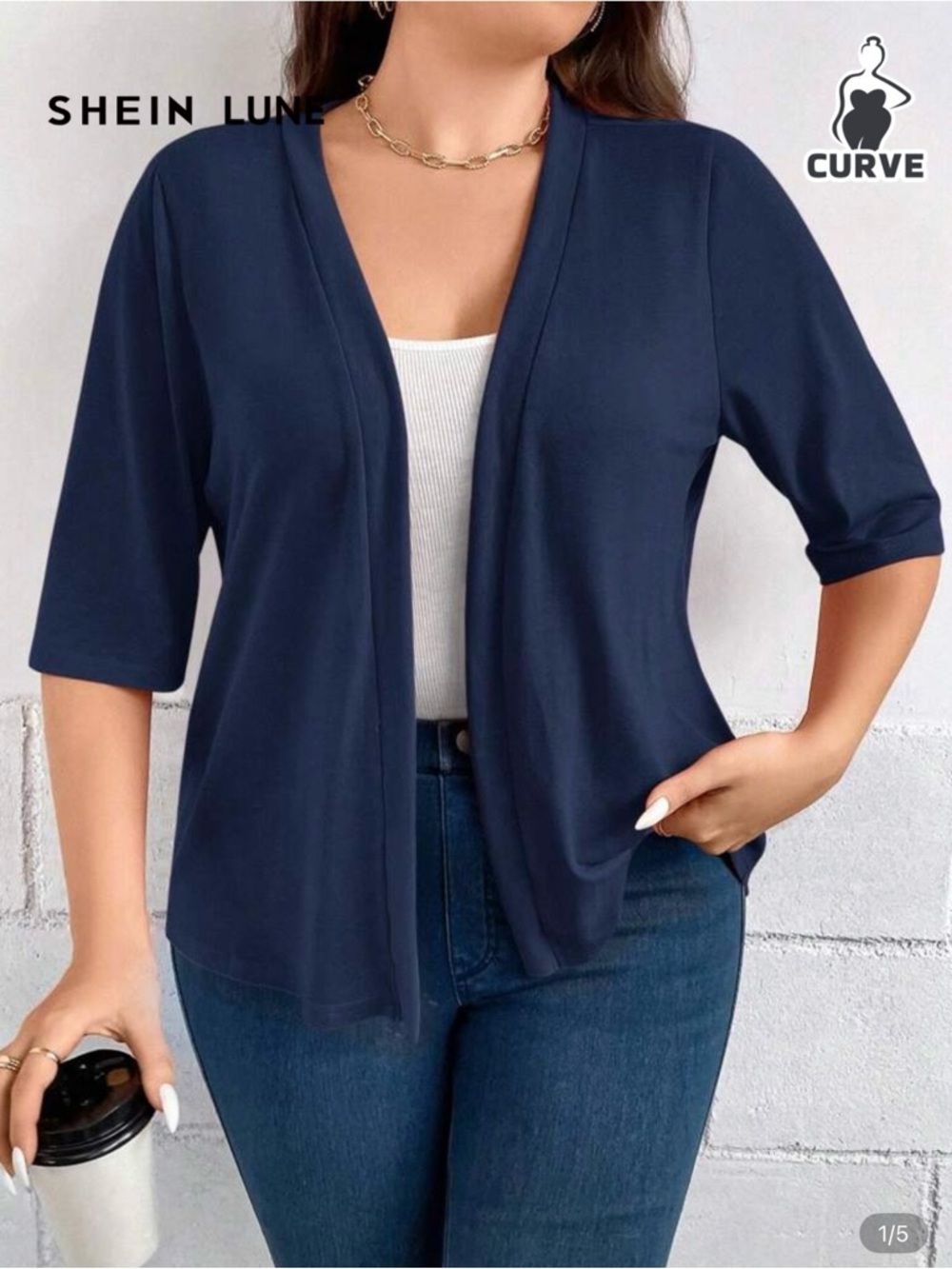 SHEIN LUNE Navy Open-Front Curve Cardigan
